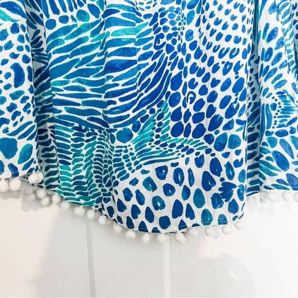 Lilly Pulitzer Off the Shoulder Nita Blue and White Pom Pom Bell Sleeve Top - Picture 6 of 8